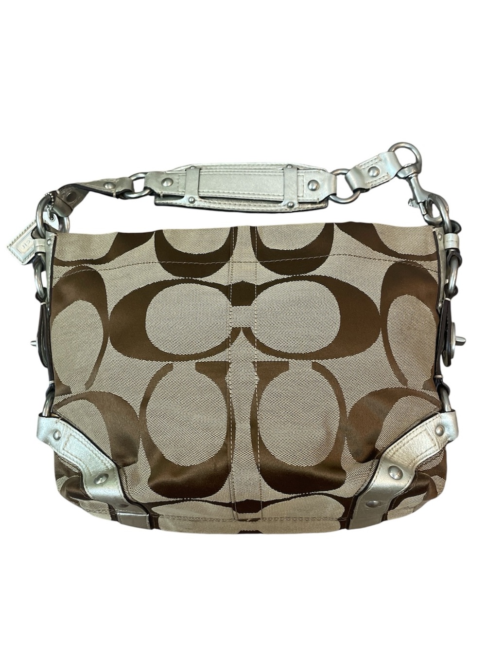 Vintage Coach Carly Bag Shoulder Bag Signature Canvas Metallic Silver Trim